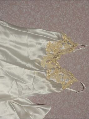 La Perla Delicate Ivory Satin Slip Dress with Gold Lace Trim